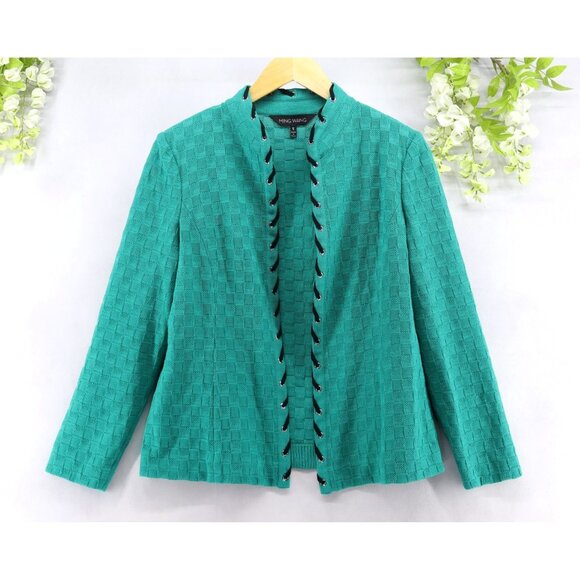 Ming Wang Women's Knit Open Front Blazer Sweater Green With Black Trim Sz S - Picture 1 of 9